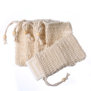 Natural jute soap foaming net bag with drawstring and wooden bead for face and body wash
