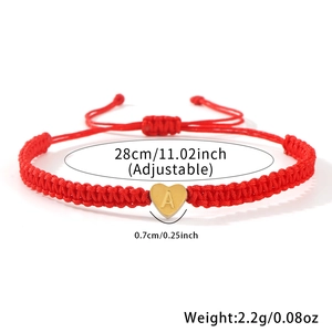 Handmade red nylon woven bracelet with gold heart charm engraved with letter A