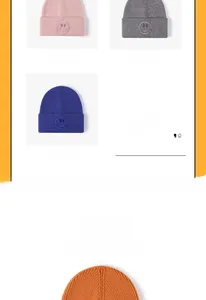 Detail of colorful knitted beanie hats featuring high-quality smiley face embroidery texture