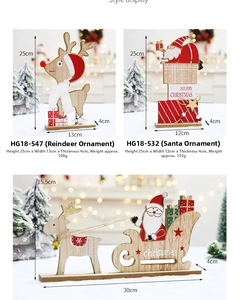 Detail view of handmade wooden Christmas reindeer and Santa sled tabletop ornaments