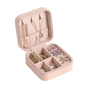 Portable mini jewelry box organizer in pink PU leather with square zipper design