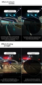 Visual contrast of photochromic polarized lenses reducing glare in tunnel and night driving