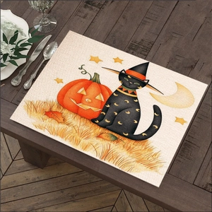 Halloween placemat featuring a black cat and pumpkin lamp on a rustic wooden table