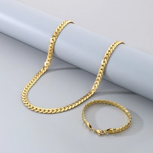 Golden titanium steel jewelry set featuring flat chain necklace and matching bracelet