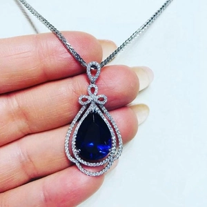 Elegant Pear Shape Blue Imitation Sapphire Pendant Necklace With Bowknot Copper Zircon Jewelry For Women