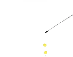 Detail view of cat teaser wand featuring two bright yellow plush balls on a slim grey rod