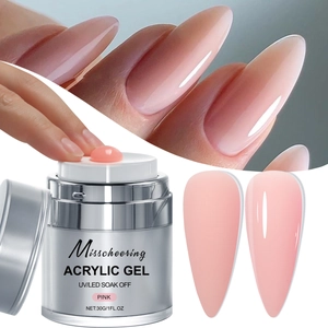 Detail of pink acrylic extension gel in a 30ml pump jar showing texture and almond nails