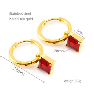 Detail view of 18K gold plated stainless steel earrings with red zircon and measurements