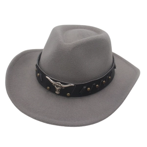 Classic dark grey wool felt cowboy hat featuring silver bull head metal and leather band
