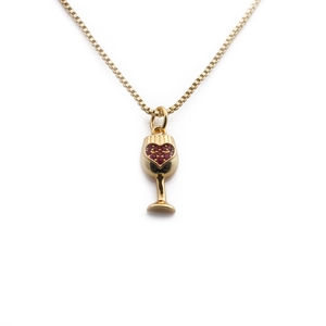 Gold plated box chain necklace with wine glass pendant featuring a red heart zircon