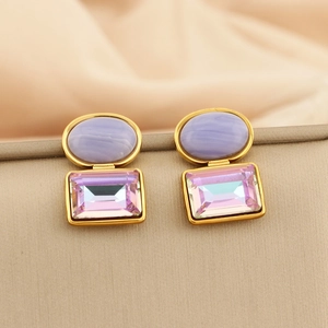 Double layered geometric drop earrings with purple stones and gold titanium steel base