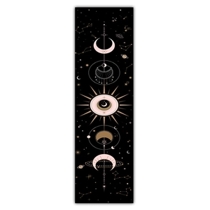 Vertical wall hanging with sun, moon phases and celestial patterns on black background