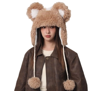 Plush brown bear ear bucket hat with decorative pom-poms and warm faux fur lining