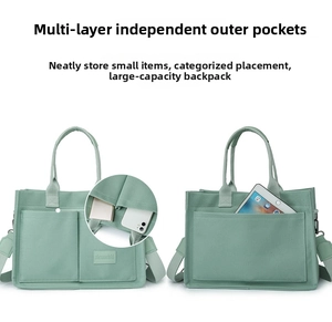 Detail of canvas tote bag with multi-pocket storage for tablets and gadgets
