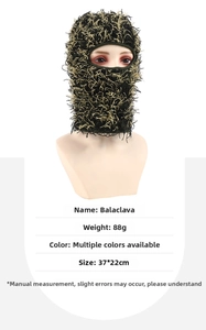 Detailed dimensions and weight of a fluffy black and yellow knit balaclava mask