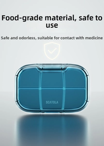 Detail view of the 6-compartment blue translucent pill box made from food-grade material