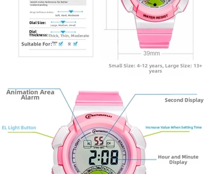 Detail guide of pink kids digital watch showing buttons and waterproof functions