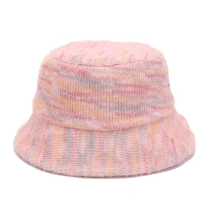 Women's pink multicolor knitted bucket hat with striped texture and sun protection style