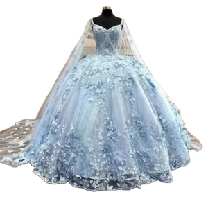 Sky blue princess ball gown wedding dress with 3D butterfly appliques and long cape