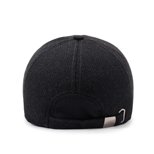 Rear view of men's winter wool baseball cap featuring adjustable metal buckle closure