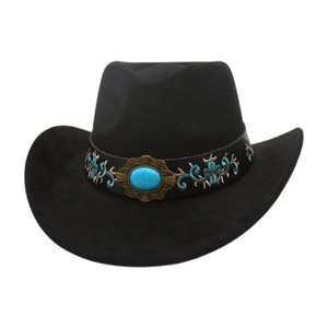 Western Cowboy Hat Suede Turquoise Stone Floral Embroidery Wide Brim Retro Ethnic Style Travel For Men Women