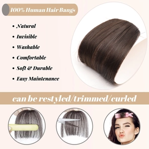 Natural dark brown human hair bangs piece for seamless hairline extension and restyling