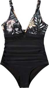 Detail of high-waist swimsuit with deep V-neck, mesh panels and tropical floral print