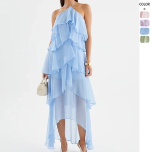 Halter Neck Maxi Dress Chiffon Tiered Ruffle Layered High Low Hem Sleeveless Backless Solid Color Vacation Beach Summer
