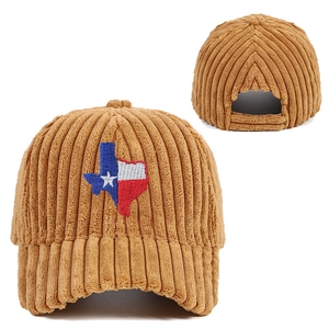 Detail of corduroy texture and Texas flag map embroidery on brown winter beanie