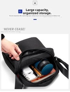 Detail showing high-capacity interior of the black Oxford shoulder bag with daily essentials