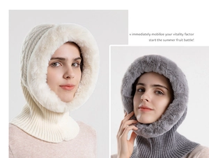 Close-up of thick knitted hooded scarf with plush faux fur trim in beige and dark grey