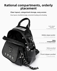 Detail view of rhinestone studded leather backpack showing side pockets and zippers