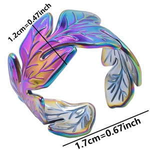 Iridescent geometric leaf ring detail showing dimensions 1.2cm width and 1.7cm diameter