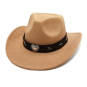 Detail of khaki felt cowboy hat with leather band, silver heart buckle and star studs