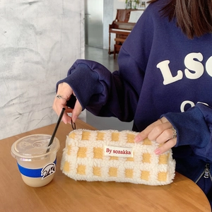 Large capacity waffle fleece pencil case with yellow checkerboard pattern and zipper