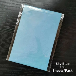 Macro view of sky blue A5 tissue paper pack with 100 sheets in clear plastic packaging