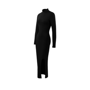 Detail showing the elegant side slit and slim fit silhouette of the black maxi dress