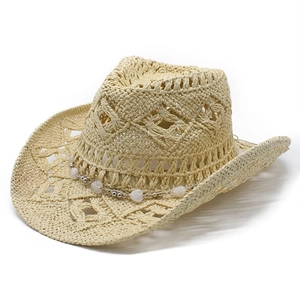Hollow Out Straw Cowboy Hat Wide Brim Summer Sun Protection Beach Vacation Beaded Heart Band Adjustable For Women