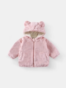 Veste à capuche en peluche rose pour bébé avec oreilles d'ours et fermeture éclair
