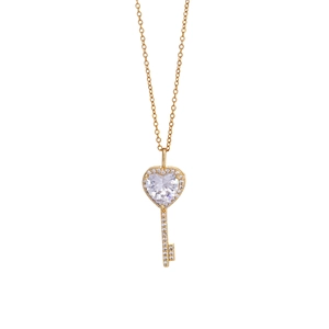 Elegant gold heart key pendant necklace with sparkling cubic zirconia on white background