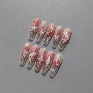 Stereo 5D embossed butterfly press-on nails with purple gradient and rhinestones