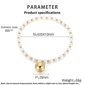 Detail showing pearl necklace parameters with a 25mm large golden stainless steel bead
