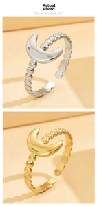 Detail of adjustable crescent moon bead rings in gold and silver stainless steel finish