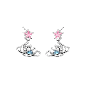 Boucles d'oreilles ours avec cristal d'étoile rose et motif anneau de saturne