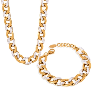 Luxury gold plated stainless steel Cuban chain necklace and bracelet set with cubic zirconia