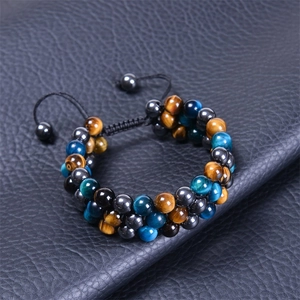 Detailed view of triple-layer braided bracelet with tiger eye beads and hematite stones