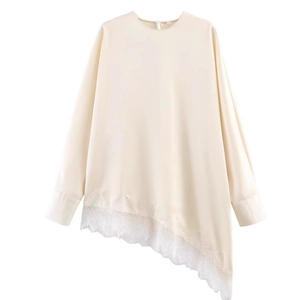 Haut satiné à manches longues pour femme avec dentelle et ourlet asymétrique, taille M