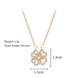 Detail showing magnetic four-leaf clover pendant measurements and 4.3g weight data