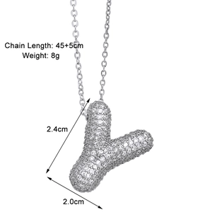 Detailed view of pavé cubic zirconia letter Y pendant with 45+5cm chain measurements