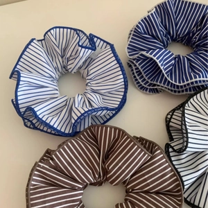 Oversized blue and white striped fabric scrunchies set for ponytail styling
